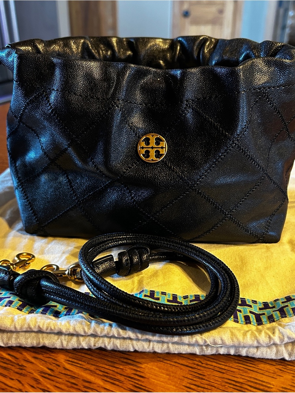 Tory Burch , Willa Black Quilted Drawstring,Crossbody with Gold Logo